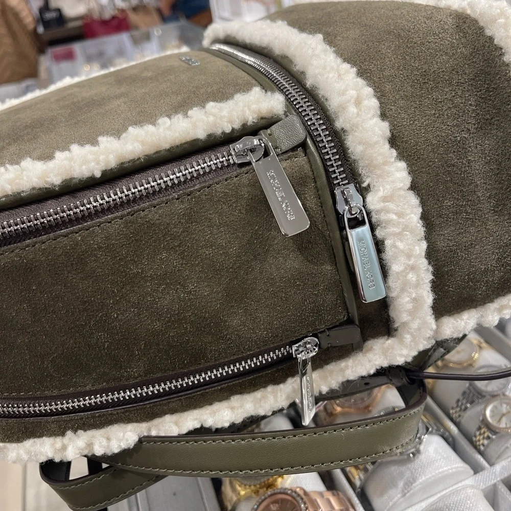 MICHAEL KORS Rhea Medium Suede and Faux Shearling Backpack Olive NWT